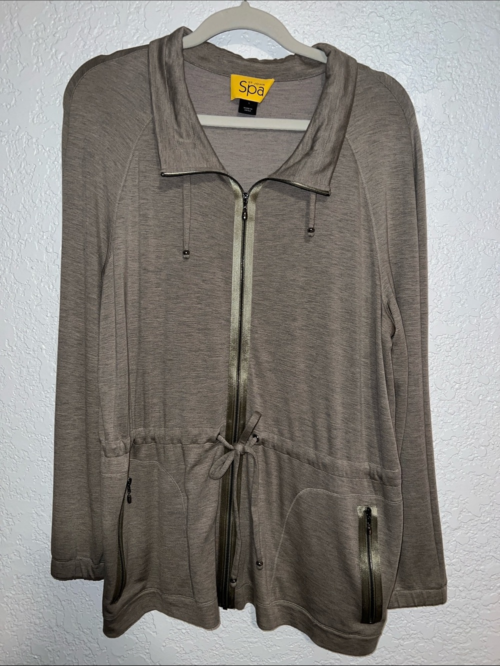 St. John Taupe Drawstring Zip-Front Utility Jacket